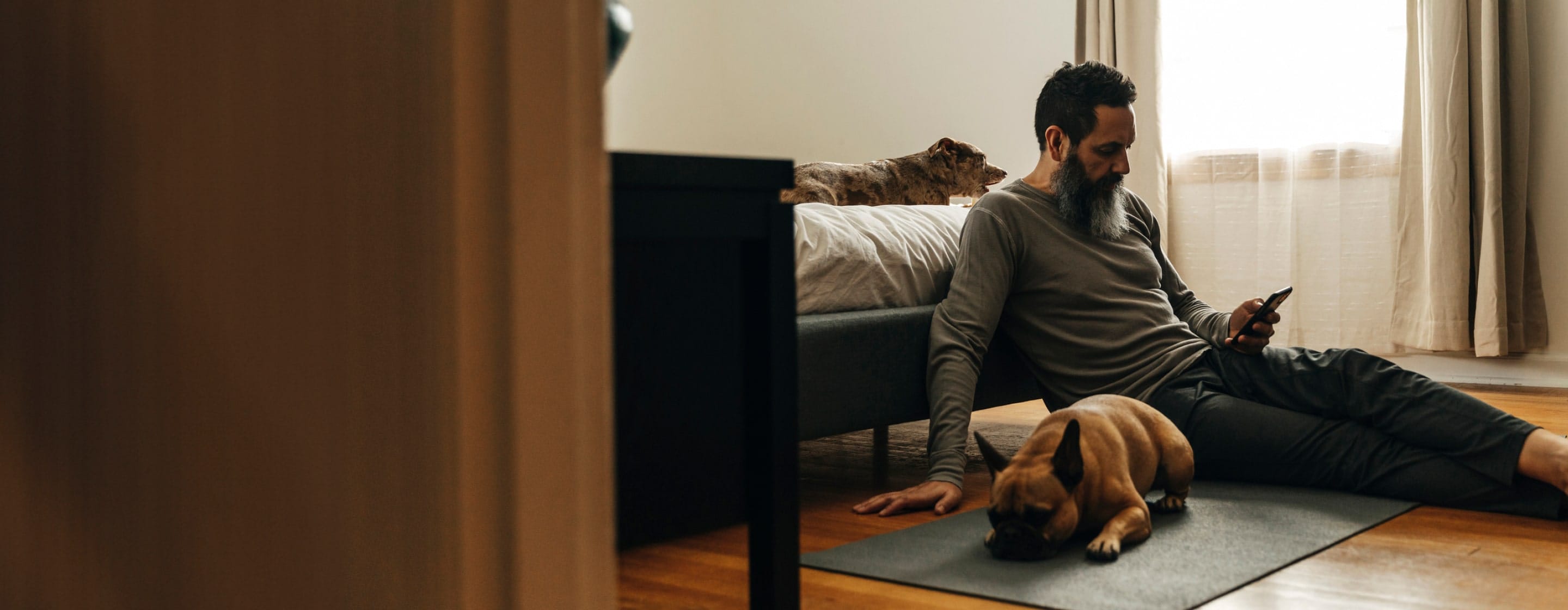 man sitting with dogs in room